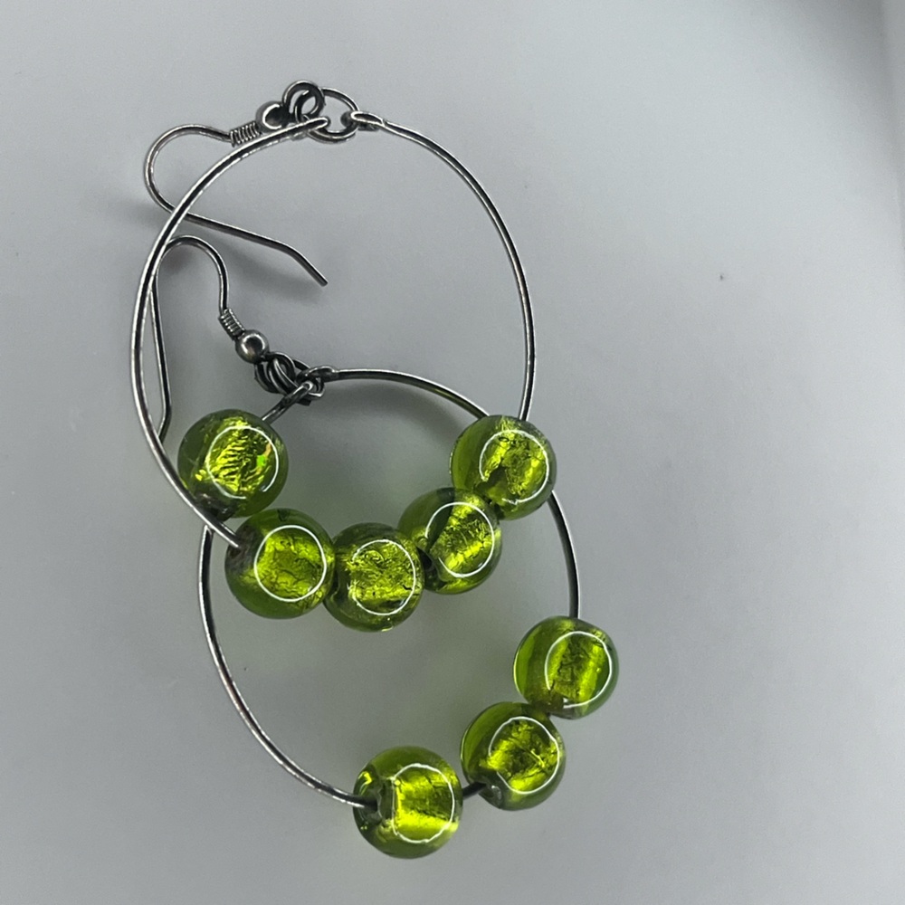 Vintage Green Glass Beaded Hoop French Hook Earrings